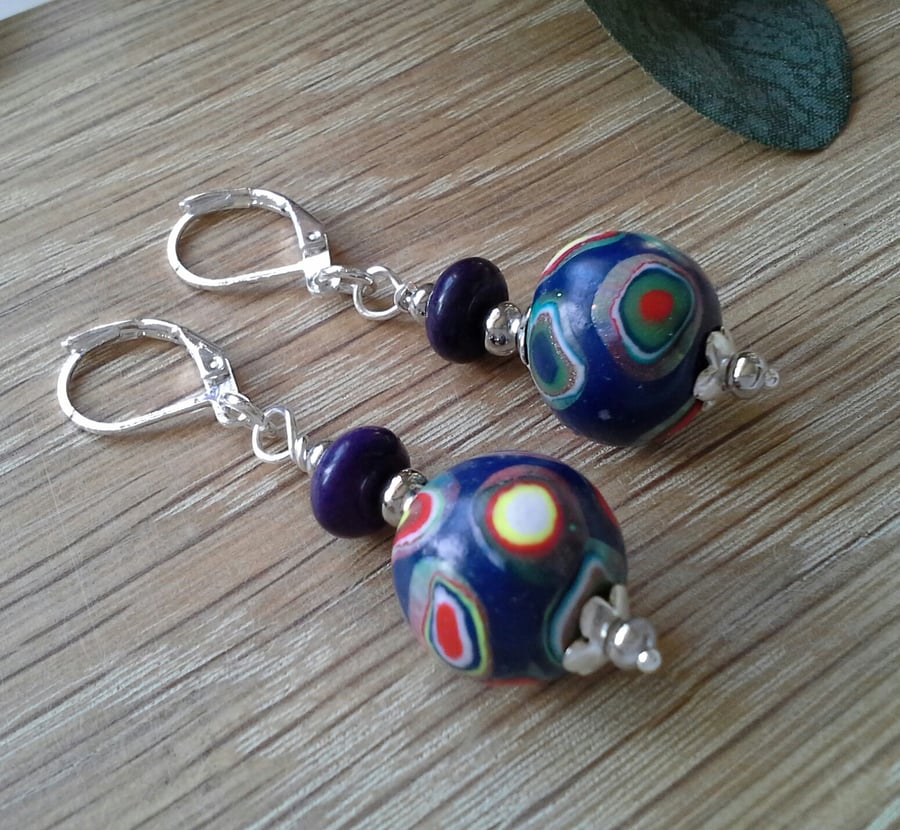 Hand made Polymer Clay beads & Genuine Magnesite Silver Plate Earings
