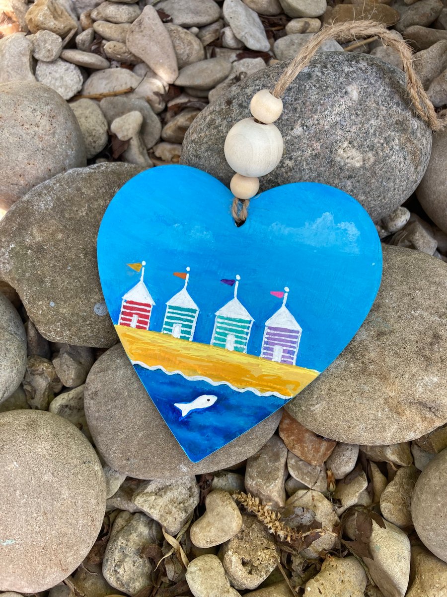 Sea Breezy Beach Huts Painting Hanging Heart Decoration Seaside Coastal Gift