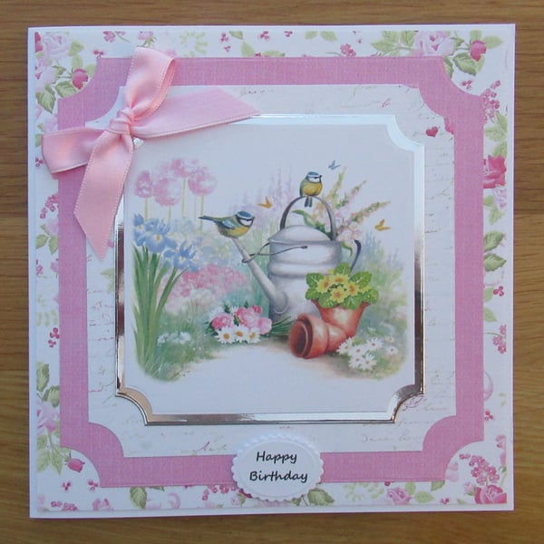 Bluetits On A Watering Can - 7x7" Birthday Card