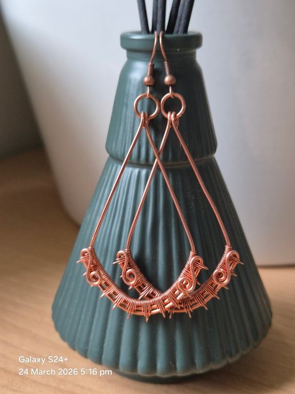 Sun Ray earrings, hand wire wrapped in Copper