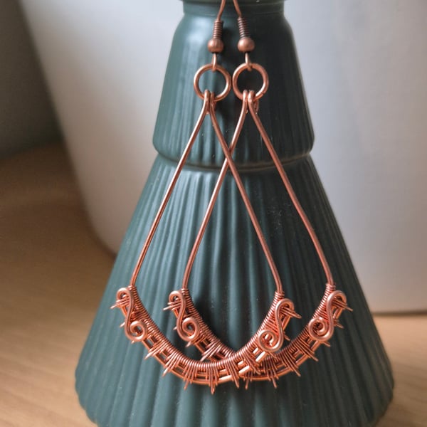Sun Ray earrings, hand wire wrapped in Copper