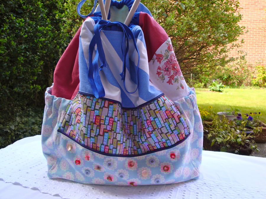 SALE Patchwork Craft storage bag  -  strap  -  crochet - knitting  - sewing .