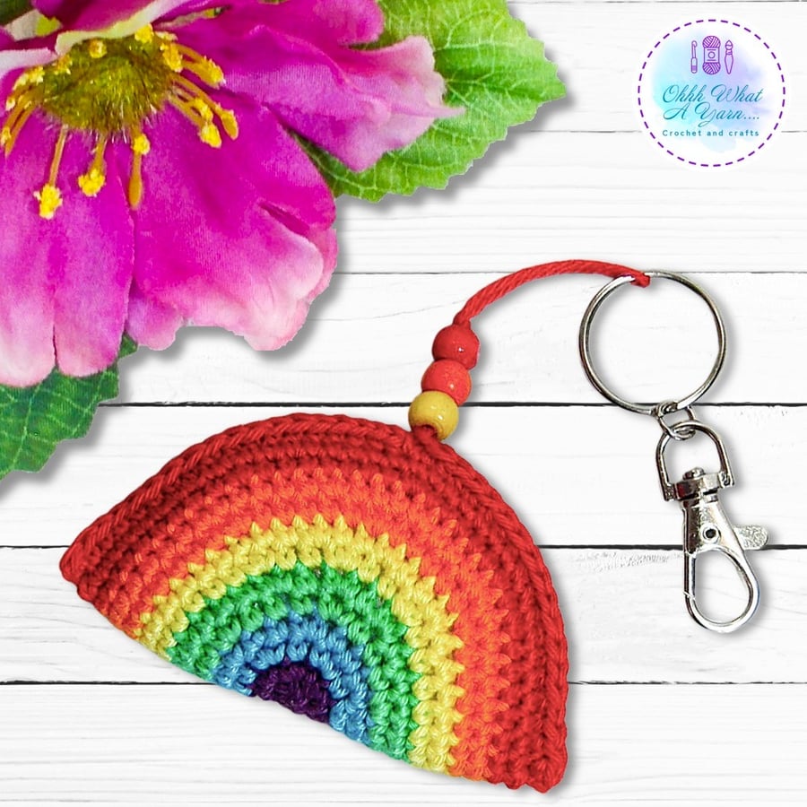 Crochet rainbow, rainbow bag charm, crochet hanging decoration, key ring. 