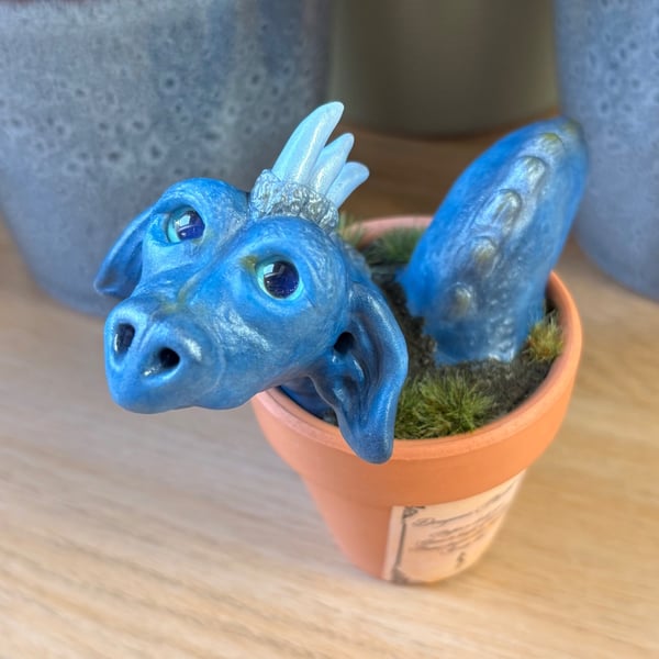 Plant pot dragon, hand sculpted polymer clay dragon sculpture 