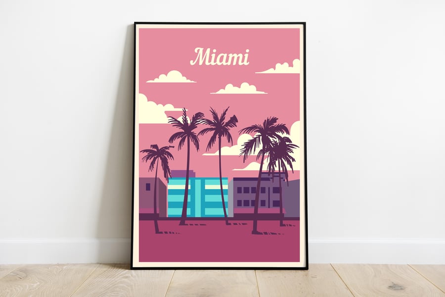 Miami retro travel poster, Miami wall print, retro wall art