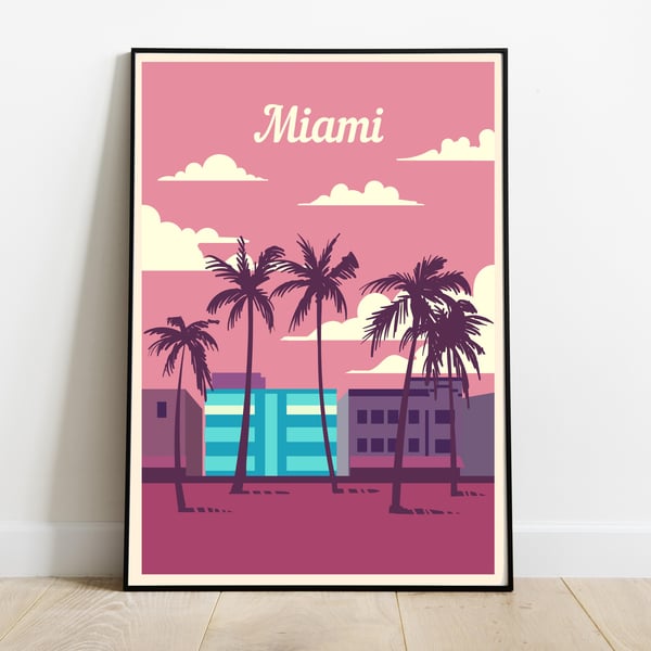 Miami retro travel poster, Miami wall print, retro wall art