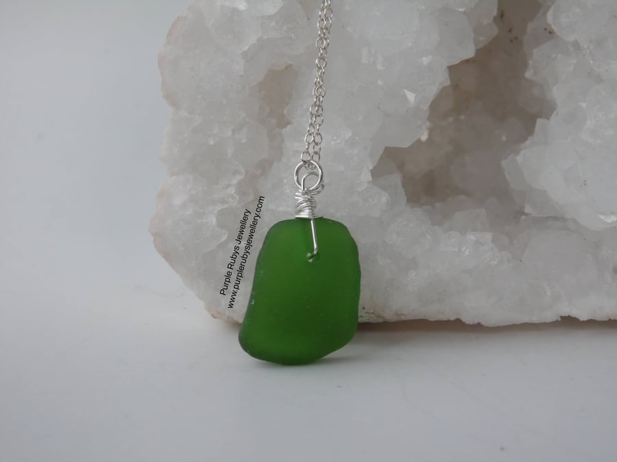 Bottle Green Cornish Sea Glass Necklace, Sterling Silver N561