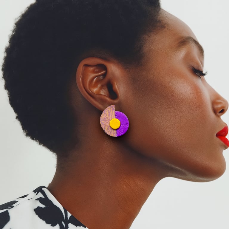 Purple & Orange Jungle Print Earrings with Yellow Dot –Polymer Clay Statement 