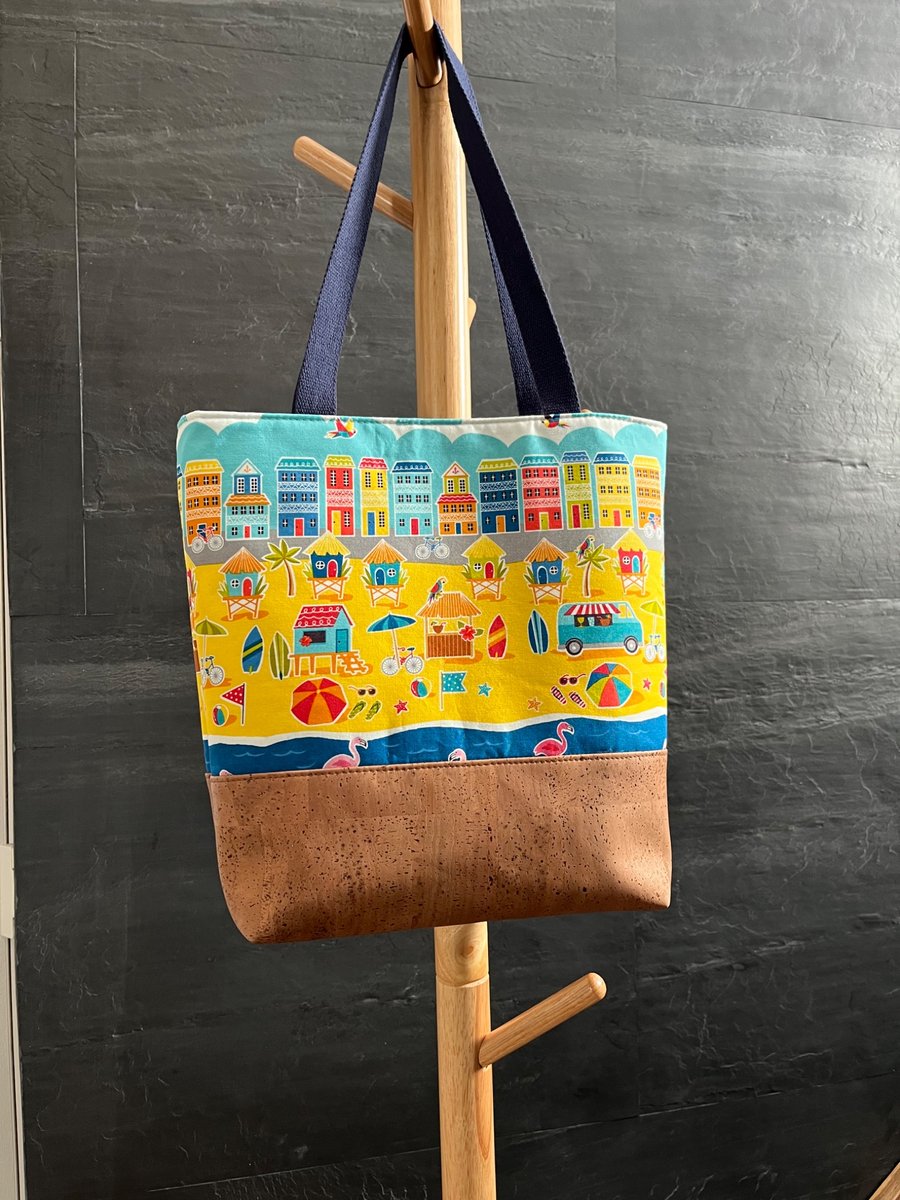Beach Scene Fabric and Cork Tote Bag