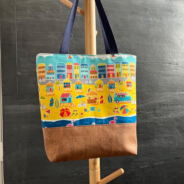 Beach Scene Fabric and Cork Tote Bag