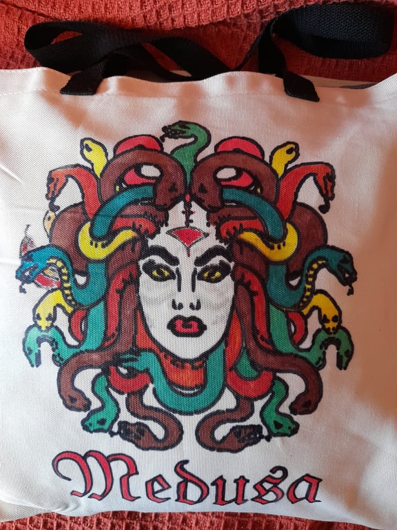 Medusa Tote Bag, Shoulder Bag, Shopping Bag.  Handpainted and totally unique