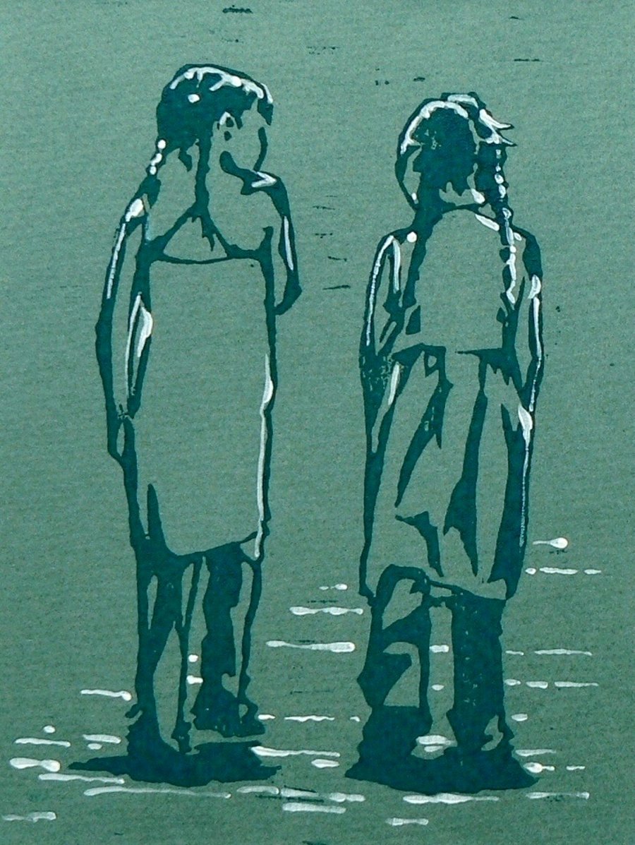 Walking and Talking linocut