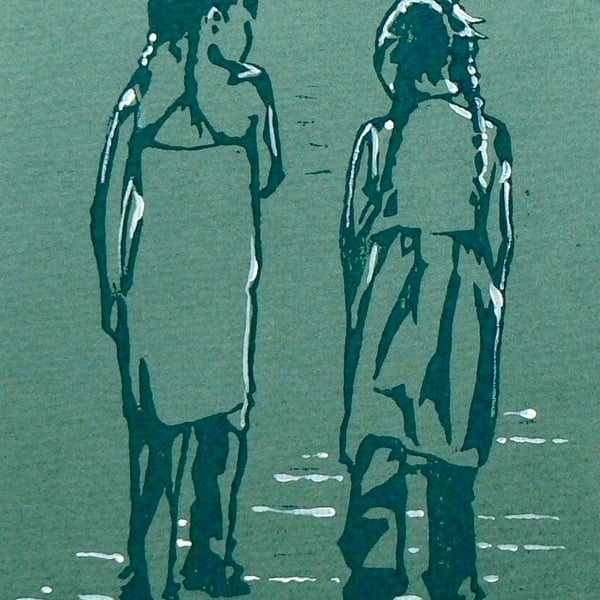 Walking and Talking linocut