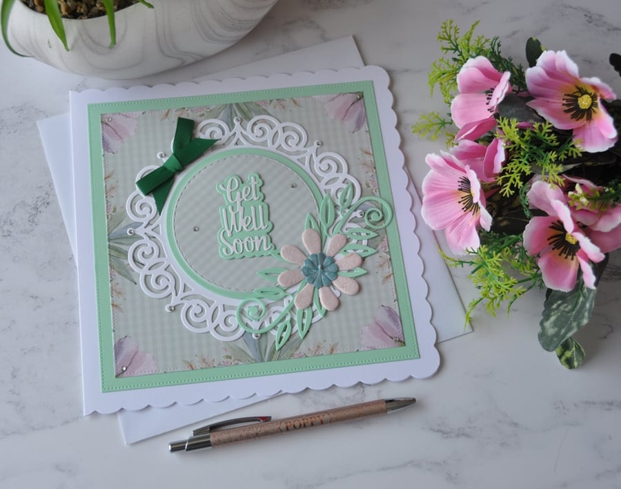 Get Well Soon Green Pink Daisy Flower 3D Luxury Handmade Card