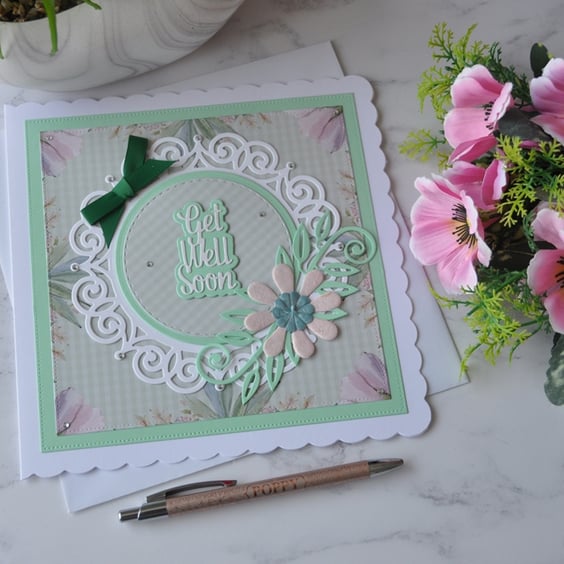 Get Well Soon Green Pink Daisy Flower 3D Luxury Handmade Card