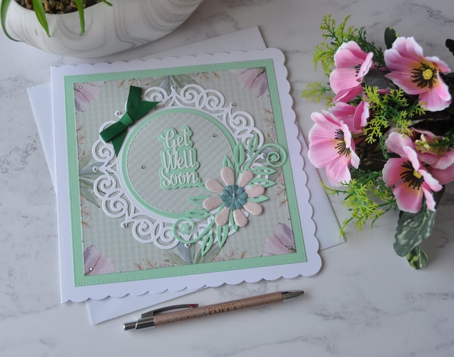 Get Well Soon Green Pink Daisy Flower 3D Luxury Handmade Card