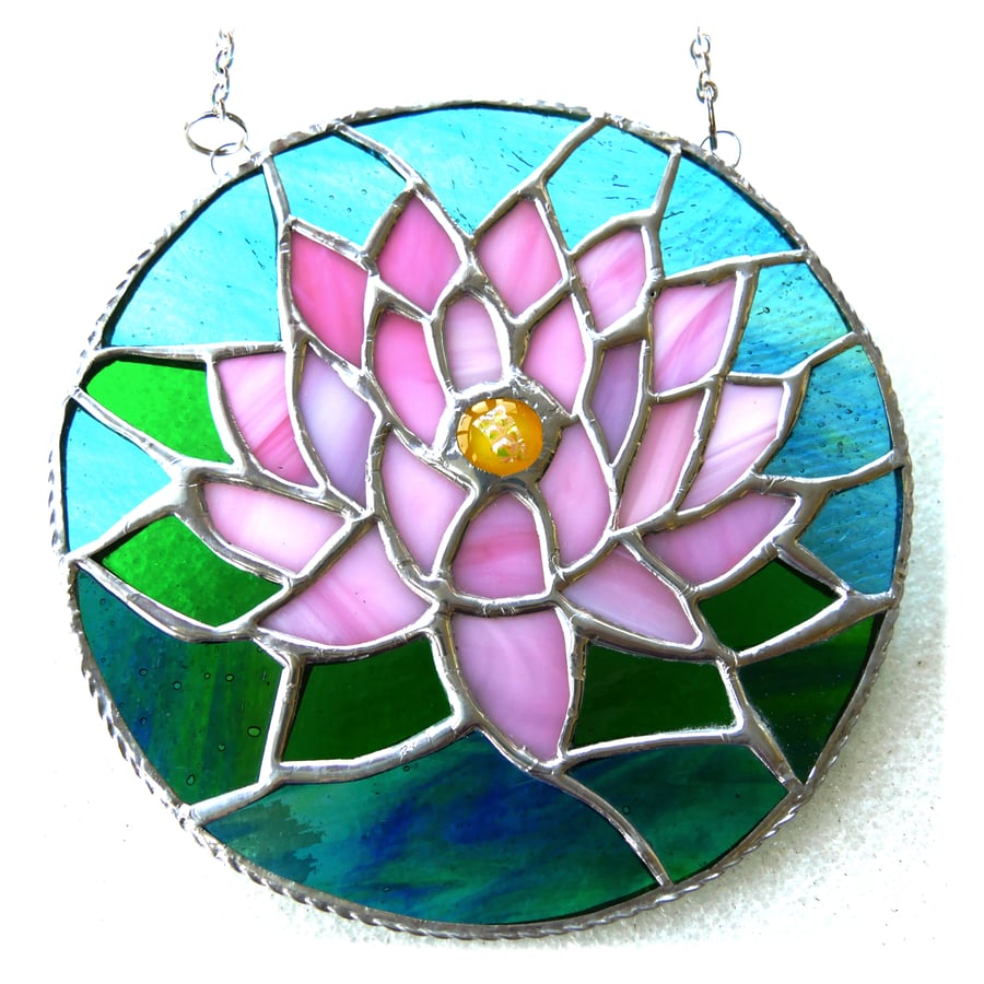 SOLD 250810 Waterlily Suncatcher Stained Glass 015 Pink