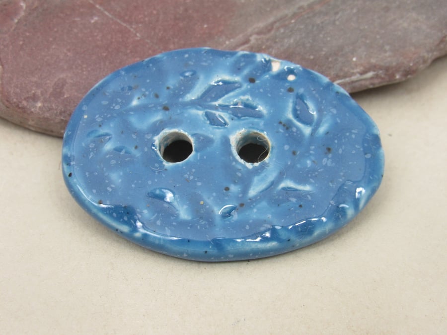 Large Cornflower Blue Sprig Oval Handmade Ceramic Button