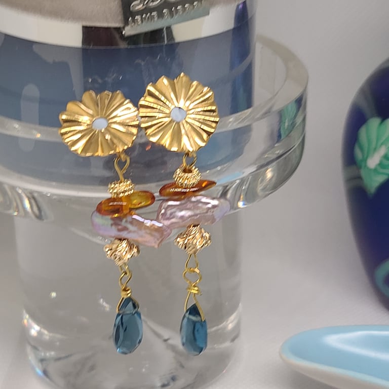 London Blue Topaz Dangle Earrings: Vintage Baltic Amber & Freshwater Pearl