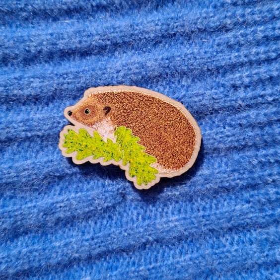 Hedgehog and Oak Leaf Wooden Pin Brooch