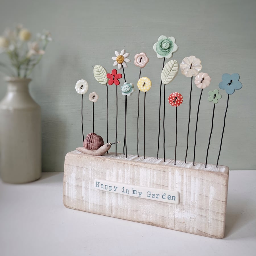 Clay and Button Flower Garden with Snail 'Happy in my Garden'