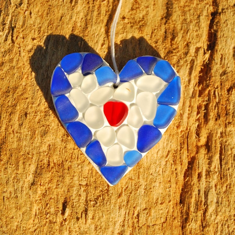 Small blue heart beach glass mosaic