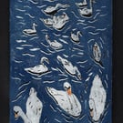 Swans Swimming. An Art Print, Great Gift for Bird Lovers.