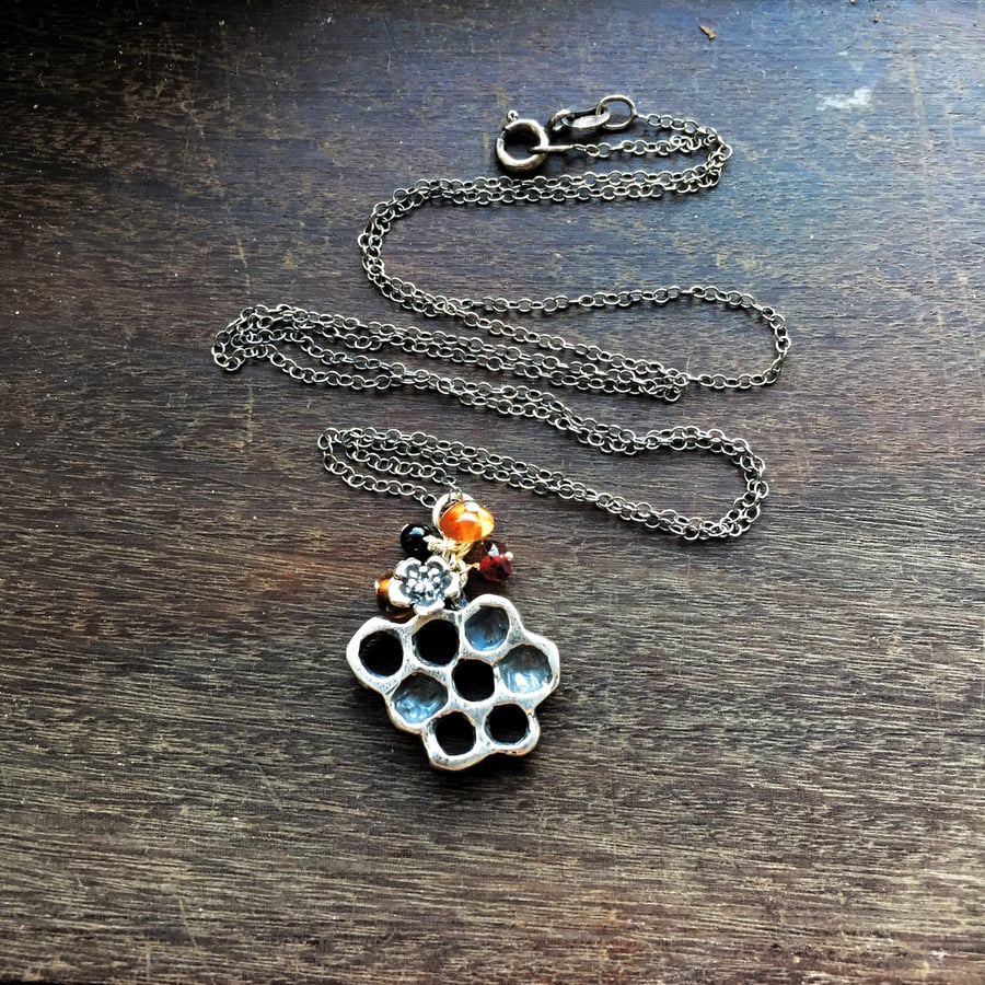 Sterling silver honeycomb cluster long necklace with amber, bee lover necklace