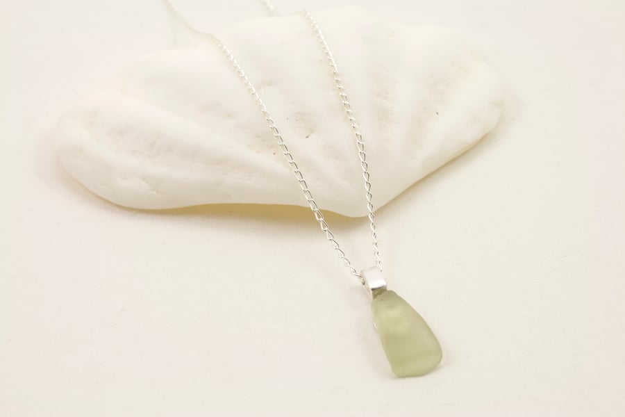 Sea Glass Silver Pendant - Pale Olive Green