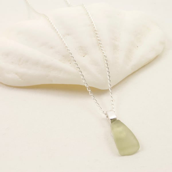 Sea Glass Silver Pendant - Pale Olive Green