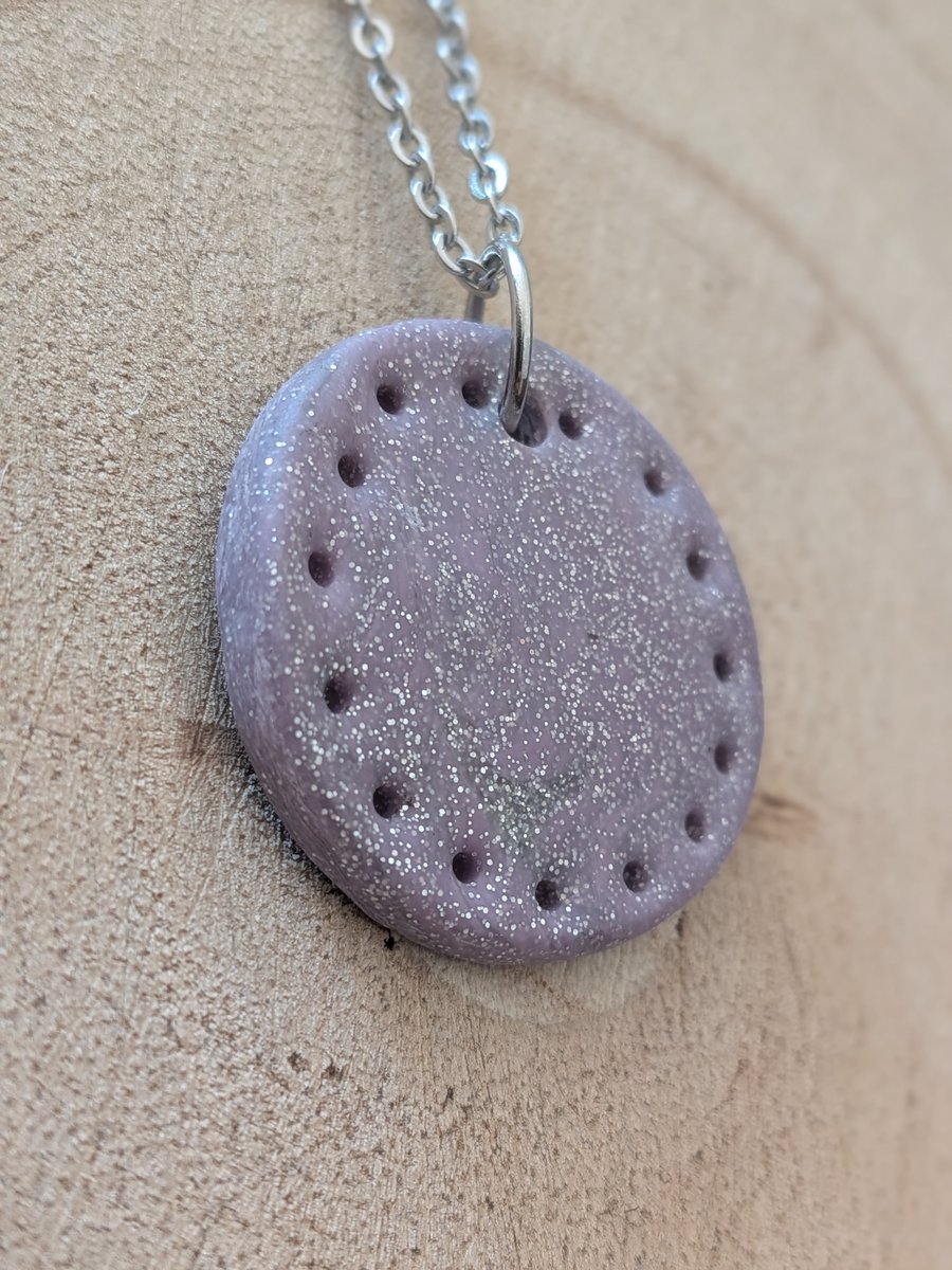 Lilac Sparkle Circle Pitted Polymer Clay Necklace