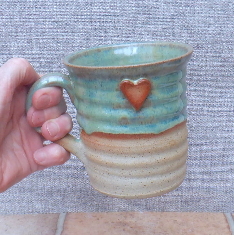 Handmade mug coffee tea cup hand thrown stoneware ceramic heart detail