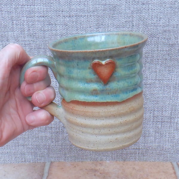 Handmade mug coffee tea cup hand thrown stoneware ceramic heart detail