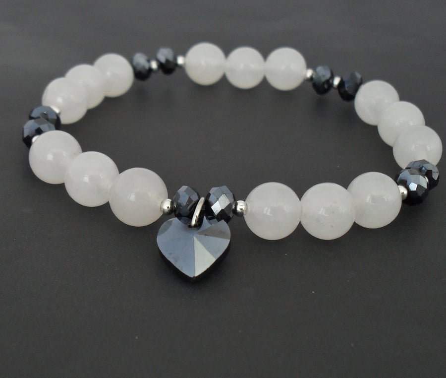 White jade & jet black crystal heart bracelet