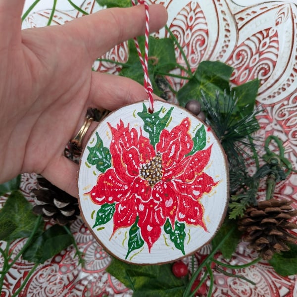 Poinsettia hand-painted Log slice Christmas decoration 