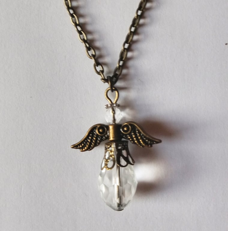 Bronze Clear Crystal Angel Necklace
