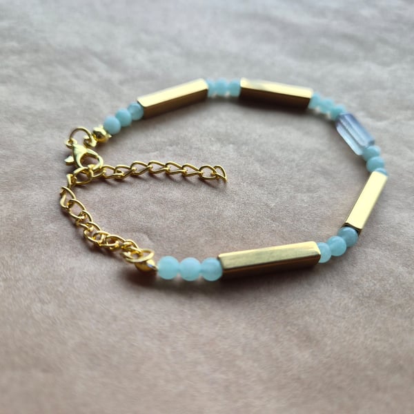 Fluorite one bar bracelet, with mint and gold.