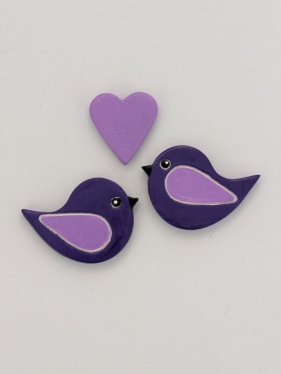 Fridge magnets, Purple birds and heart clay set, kitchen gift, Mother's day