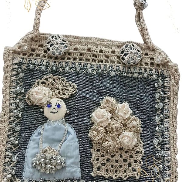 Wearable Textile Art Clutch – One of a Kind, The Girl with Blue Eyes