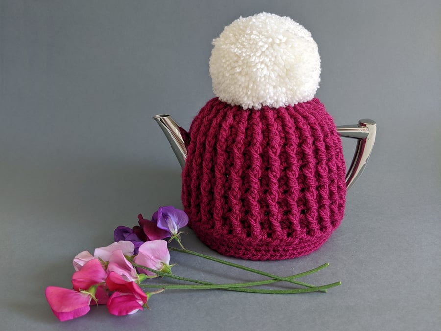 Magenta & Cream Pom Pom Teapot Tea Cosy - Vintage Style