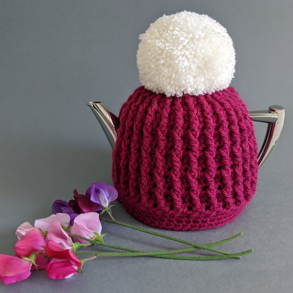 Magenta & Cream Pom Pom Teapot Tea Cosy - Vintage Style