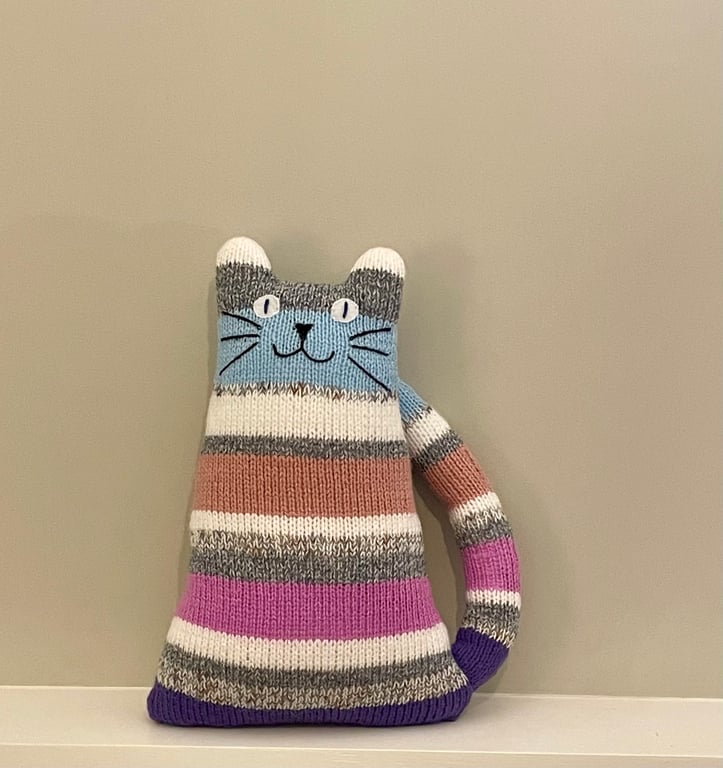 Tabby pink blue stuffed cat - Hand knitted soft toy - nursery cat decor