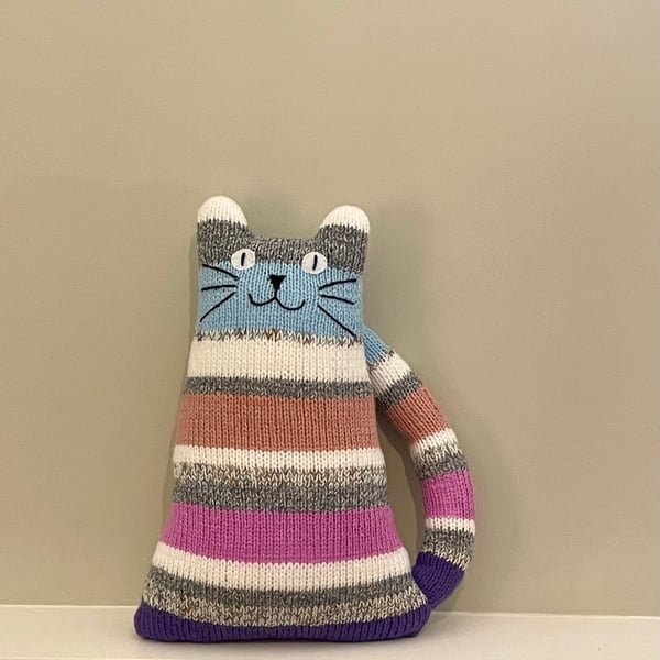 Tabby pink blue stuffed cat - Hand knitted soft toy - nursery cat decor