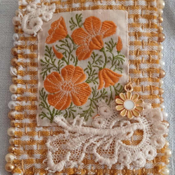 Golden marigolds textile brooch 