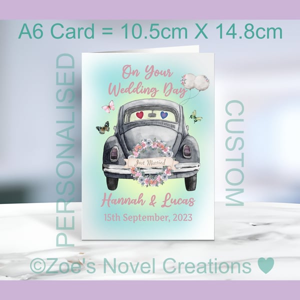 Wedding Car Greetings Card, personalised, A6 10.5cm x 14.8cm