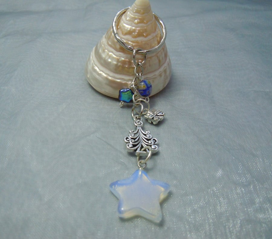 Keyring & bag charm in silver tone metal with an Opalite star