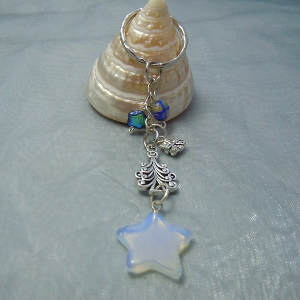 Keyring & bag charm in silver tone metal with an Opalite star