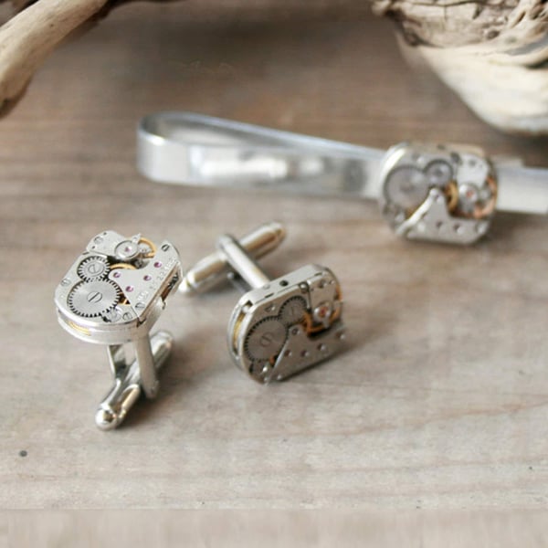 Tie Clip and Cufflinks Steampunk, Antique Watch Movement Cuff links & Tie Bar