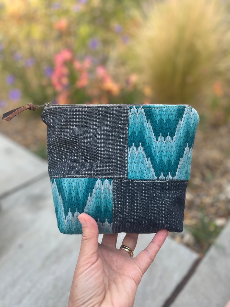Bargello and denim zip pouch