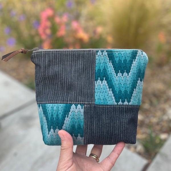 Bargello and denim zip pouch